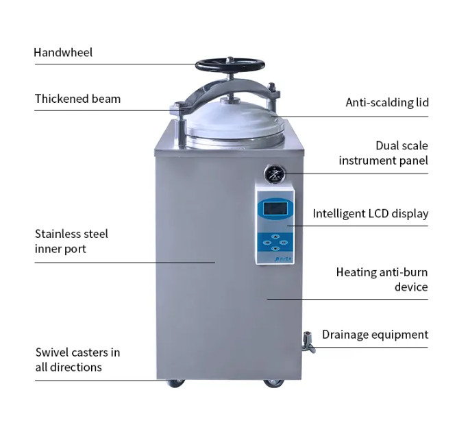 Ruota a mano Display digitale Autoclave verticale 35L 50L 75L 100L 150L Litro Per Funghi Retort Sterilizzatore alimentare in scatola